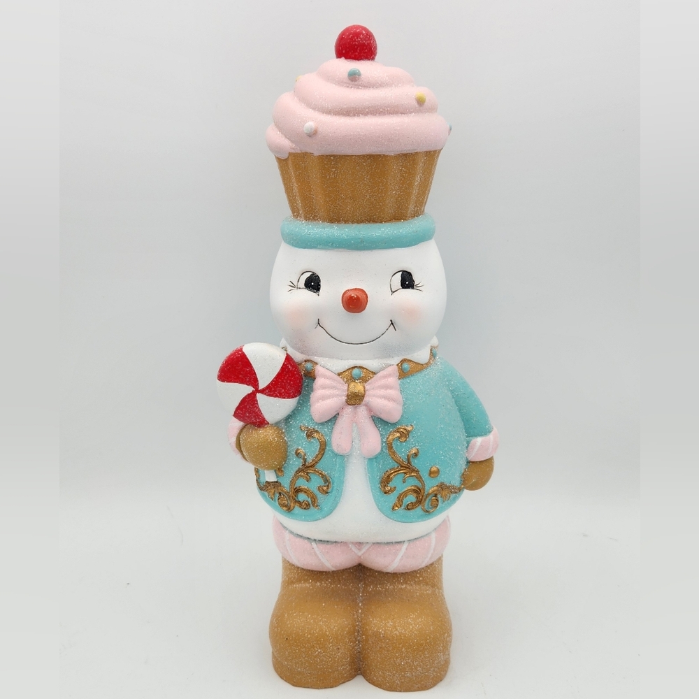 Whimsical 12.5" Resin Snowman Figure with Cupcake & Candy Cane
